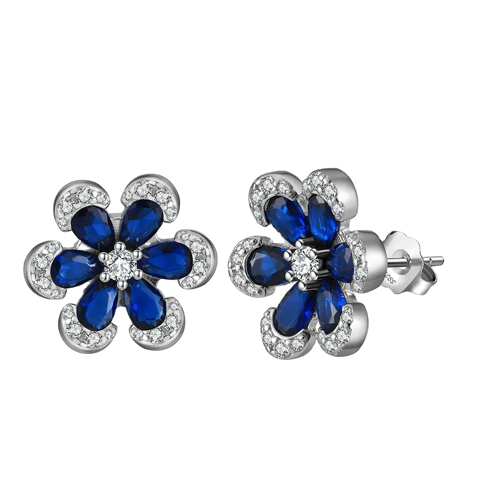 Rinntin LZE21 or blanc finition bleu saphir pierres précieuses fleur boucles d'oreilles bijoux en argent Sterling boucles d'oreilles cadeau pour les femmes