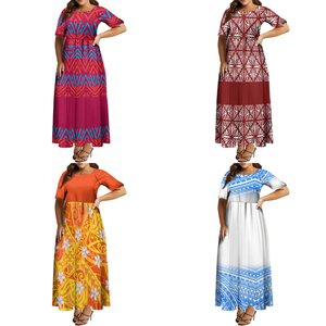 Nuevo Vestido Largo <span class=keywords><strong>de</strong></span> Gasa con Estampado Polinesio Azul y Blanco, Cintura Natural, <span class=keywords><strong>Manga</strong></span> <span class=keywords><strong>Media</strong></span> y Plisado, Estilo Sweet Island - Product Image 1