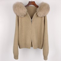 Nouveau pull en tricot à capuche décontracté automne/hiver avec col en vraie fourrure de renard, fermeture éclair courte – Vêtement d'extérieur élégant et polyvalent pour femme