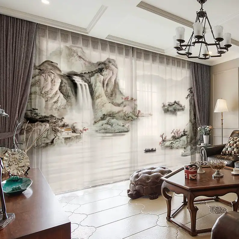 Nuove materie prime dimensioni personalizzate pittura a inchiostro cinese soggiorno tende per finestre in chiffon trasparente di lusso