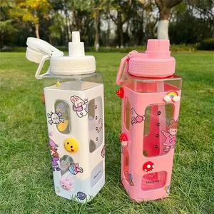 Water Bottle With <b>Straw</b> 3D Cute Bear Sticker Bpa Free <b>Plastic</b> Square Sippy Cup Portable Drinkware 700ml - Product Image 3