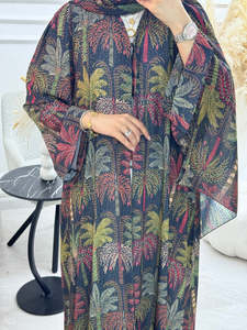 Leduo Customized Plant Print Modest Floor Length Dress Smocked Cuff <b>Abaya</b> for Muslim <b>Women</b> - Product Image 3