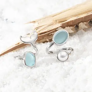 Summer Natural Sea Glass Rings For Women Jewelry Open Size Beach Ocean Fishtail Mermaid Design Blue Sea Glass Ring