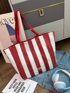 Women's Customized Logo Red Navy Blue Striped <b>Canvas</b> <b>Tote</b> Bag Simple Shoulder Bag Large Capacity Handbag for Daily Use - Product Image 4