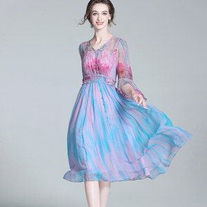 Nouvelle Robe Longue Taille Haute en Soie de Mûrier et Chiffon Dégradé, Style Vacances, Anti-statique, Effet Rajeunissant, Style Français Doux A76 - Product Image 2