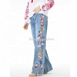 โรงงานขายส่ง กางเกงยีนส์วินเทจ ไซส์ XS ถึง 4XL ดีไซน์ลำลอง ทรงขาบาน ปักลายดอกไม้ ทรงเข้ารูป ล้างสีแบบวินเทจ กางเกงยีนส์ขากระดิ่งสำหรับผู้หญิง - Product Image 2