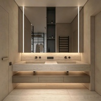 Meuble-lavabo flottant contemporain en travertin sur mesure avec comptoir en pierre de travertin et vasque, armoire en bois