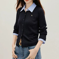 Cardigan en tricot torsadé pour femme, effet deux pièces, avec col chemise rayé et empiècements, vêtement d'extérieur d'automne