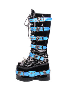<span class=keywords><strong>Stivali</strong></span> Gotici da <span class=keywords><strong>Donna</strong></span> con Plateau in Pelle Verniciata Nera con Borchie <span class=keywords><strong>Blu</strong></span> e Fibbie a Punta <span class=keywords><strong>Stivali</strong></span> Punk a Metà Polpaccio - Product Image 5