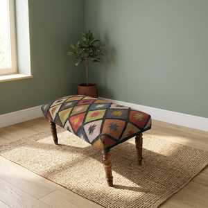 Banco Tejido Estilo Bohemio con Patrón de Hojas y Patas de Madera, Decoración para Entrada Interior, Mueble Decorativo Rectangular Resistente - Product Image 6