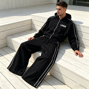 ชุดเซ็ตฮู้ดดี้ทรงแบ็กกี้แบบครอปสำหรับผู้ชาย ปักลาย 3 มิติ ล้างสีแบบแอซิด สเปรย์ลายลิงประดับเพชร 580GSM ชุดฮู้ดดี้มีซิปและกางเกงสำหรับผู้ชาย - Product Image 3