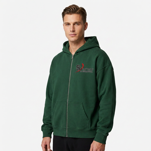 Unisex Green Hooded Fleece <b>Zip</b>-<b>Up</b> Sweatshirt Regular Fit Solid Color Casual Winter Wear Pocket Design OEM Service 100% Cotton - Product Image 1