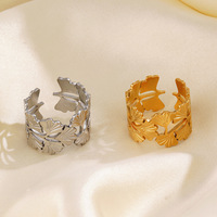 Cincin Terbuka Daun Ginkgo Baja Tahan Karat Gaya Eropa dan Amerika, Cincin Daun Baja Titanium Hip Hop yang Dipersonalisasi dan Berukuran Besar
