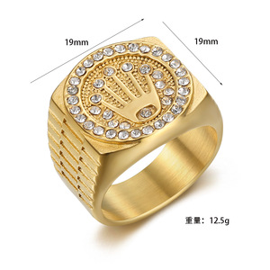Anillo de <span class=keywords><strong>Hombre</strong></span> con Corona Chapada en <span class=keywords><strong>Oro</strong></span> y Circonitas Cúbicas Cuadradas, Anillo de Sello para Estilo Urbano, Compromiso, Aniversario y Uso Casual - Product Image 6