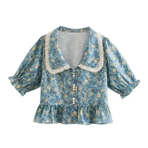 Lace Trim Peter Pan Kraag Korte Mouw Blauw Kleur Vrouwen Zomer Casual Bloemenprint Leuke Blouse & Tops