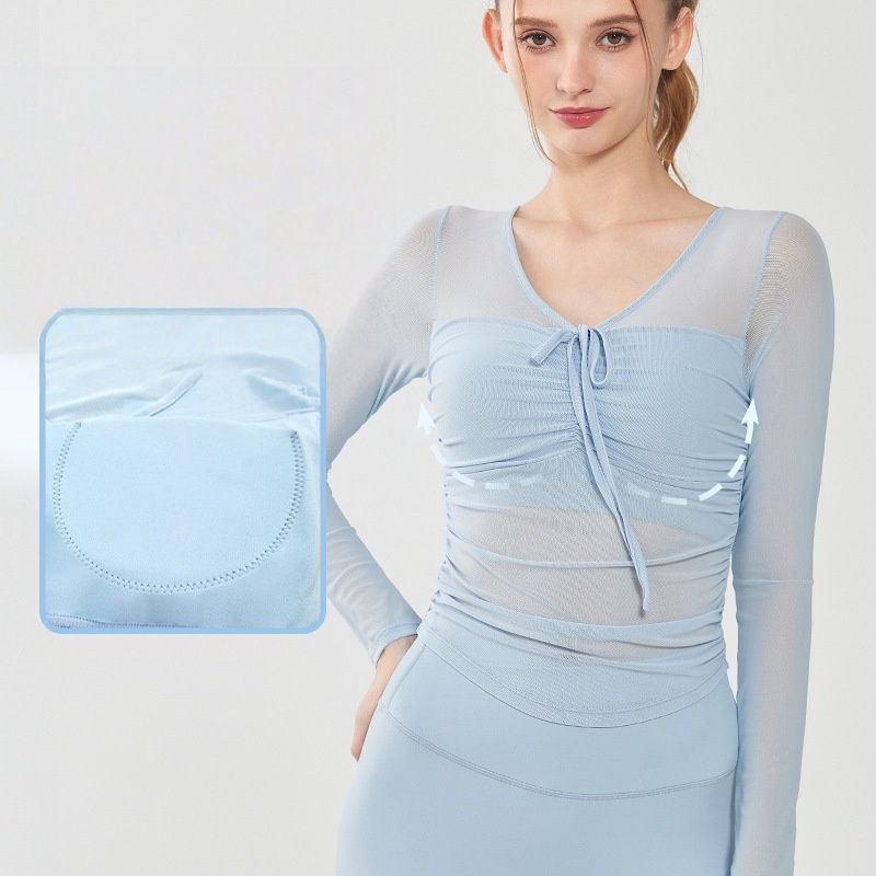 OEM LOGO Women's Mesh Drawstring Yoga Top High-Elastic Slimming Quick-Dry Breathable Long Sleeve Gym Sports T-Shirt