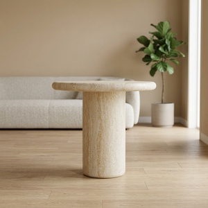 Natural Beige Round Cement Coffee <b>Table</b> Solid Stone Look Durable Living Room Furniture - Product Image 2