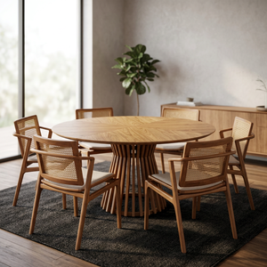 Elegant Minimalist Round Solid Wood Dining Table with Unique Slatted Base Paired with Natural <b>Cane</b> Back <b>Chairs</b> - Product Image 2