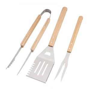Juego de utensilios de barbacoa de acero inoxidable personalizados al por mayor para exteriores con mango de madera, espátula y pinzas - Product Image 2