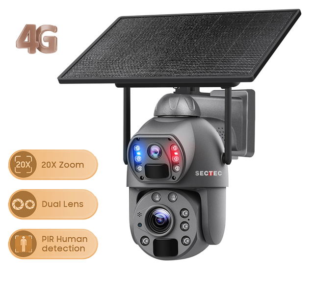 SECTEC 10W Dual Lens 20x Zoom 6mp 3K 4G Solar Camera Outdoor IP66 Metal case Ptz Camera Human Detection Security CCTV Camera