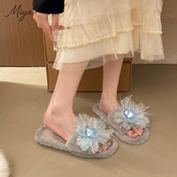 YJ77 Nouveauté Automne 2026 – Chaussons Doux et Chauds pour Femmes avec Fleurs 3D en Rose, Bout Ouvert, en Peluche, pour la Maison, en Fausse Fourrure