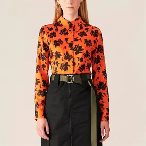 Custom Oem High Quality Long Sleeve Floral Print Silk Satin Women Elegant Top Blouse Shirt For Office Ladies