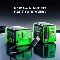 Chargeur USB Type C Super Rapide 67W GaN avec Prise EU US UK, Câble Type-C Rétractable Intégré, Chargeur Rapide USB-C PD Portable 67W