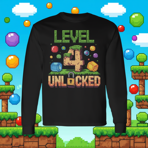 Camiseta de manga larga con diseño de Pixel Birthday de nivel 4 desbloqueado para el 4º cumpleaños de un niño, con temática de juego - Product Image 3