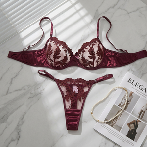 Wholesale Women's Floral Embroidery Sheer Mesh Underwire Bra and Thong <b>Set</b> 2 Piece Lace Lingerie <b>Set</b> Breathable <b>Sexy</b> Intimates - Product Image 4