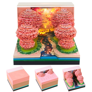 Peach Blossom Forest 3D Creative Gift Precut Paper Cards Cube with LED Light and Weekly Calendar Romantic Pink Desk Ornament