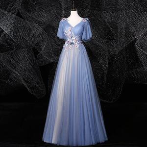 Haze Blue Long Ball Gown Deep V Neck Stage Performance Dress Women Adult Polyester Fabric 811 - Product Image 2