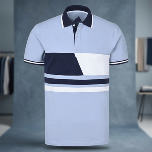 Polo à manches courtes pour homme, à blocs de couleur, motif géométrique, tricoté, style décontracté, bleu marine, blanc - Product Image 3