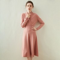 Robe en cachemire 100% pour femmes, col en V, style enveloppant, cintrée à la taille, manches longues, midi, élégante, automne-hiver, robe swing