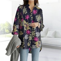 Damen Modisch Bedruckte Bluse aus Baumwoll-Leinen mit Langen Ärmeln und Reverskragen, Seitenschlitz, Unregelmäßigem Saum, Frühling und Sommer