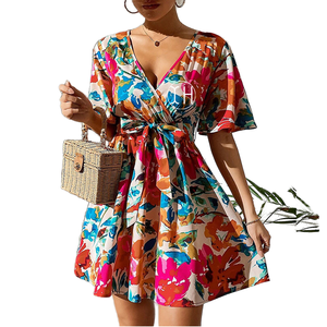 Conjuntos de Vestidos Personalizados para Mujer, Traje de Baño de Verano para Vacaciones en la Playa, Chifón Floral, Cintura Alta, Cuello en V, Casual, Línea A, Manga Corta, Midi - Product Image 1