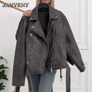 JANVENY 2024 printemps automne Faux <span class=keywords><strong>cuir</strong></span> lavé veste femmes à manches longues revers col Locomotive PU <span class=keywords><strong>Imitation</strong></span> <span class=keywords><strong>cuir</strong></span> <span class=keywords><strong>manteau</strong></span> court - Product Image 5