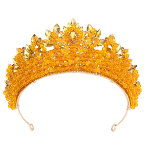 Tiara de Cristal con Cuentas Hechas a Mano, Chapada en Oro, Estilo Barroco, para Novia, Boda, Aniversario, Compromiso, Baile de Graduación, Concurso de Belleza - Product Image 1