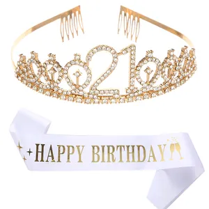Металлическая Тиара для дня рождения для девочки, корона на день рождения, атласный пояс с надписью из розового золота, 21 Корона, украшение на день рождения, вечерний костюм