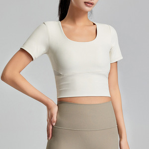 Wholesale Women's Ribbed Built-in Bra Square Neck Yoga Top Breathable Mesh Back Crop Workout Shirt High Stretch Athletic Wear - Product Image 4