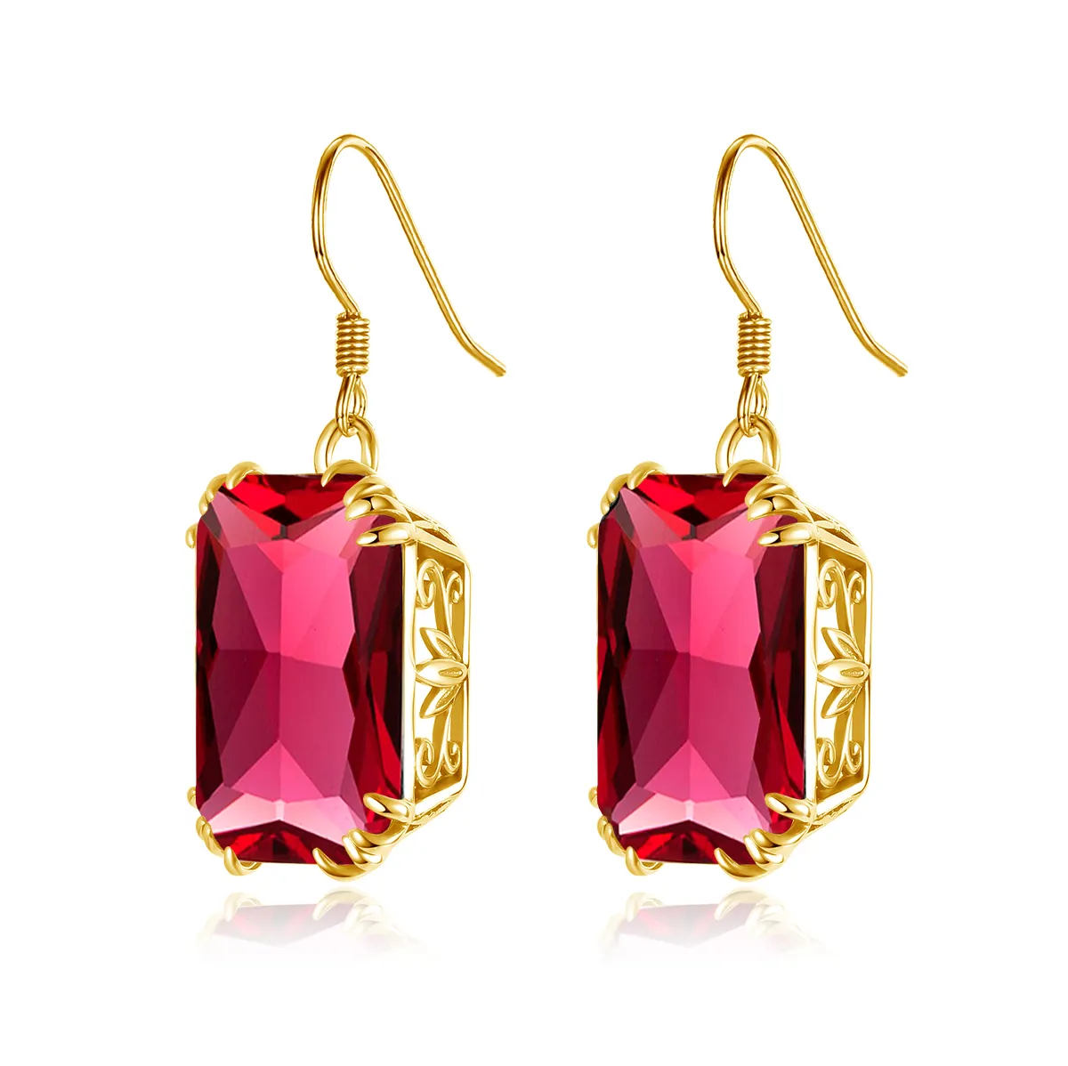 Hypoallergenic Jewelry Wholesale 18k Gold Color Flower Earrings Red Ruby Square Gemstone 925 Sterling Silver Women Earrings