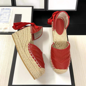Chaussures de créateur pour femmes, <span class=keywords><strong>espadrilles</strong></span> <span class=keywords><strong>compensées</strong></span> en tricot avec lanières de cheville, chaussures à talons hauts en paille tressée - Product Image 5