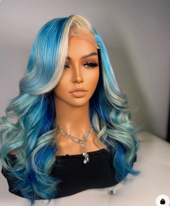 Peluca <span class=keywords><strong>de</strong></span> <span class=keywords><strong>cabello</strong></span> peruano ombré, pelo ombré negro y azul, cuerpo ondulado, pavo real, raya azul marino, estilo resaltado, encaje frontal - Product Image 5
