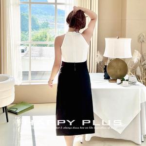 Vestido midi Runqi con cuello halter y bloques de color, negro y blanco, corte en A, vestido de noche para mujer, talla grande N8696 - Product Image 3