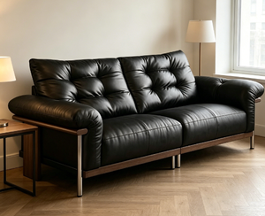 Canapé deux places en cuir véritable noir de style vintage, ensemble minimaliste rétro en cuir pleine fleur, style <span class=keywords><strong>Bauhaus</strong></span>, pour usage hôtelier - Product Image 5