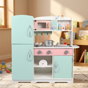 Ensemble de cuisine <span class=keywords><strong>en</strong></span> <span class=keywords><strong>bois</strong></span> pour enfants, jouet de simulation de cuisine avec réfrigérateur, micro-ondes, cuisinière et évier pour les tout-petits - Product Image 2