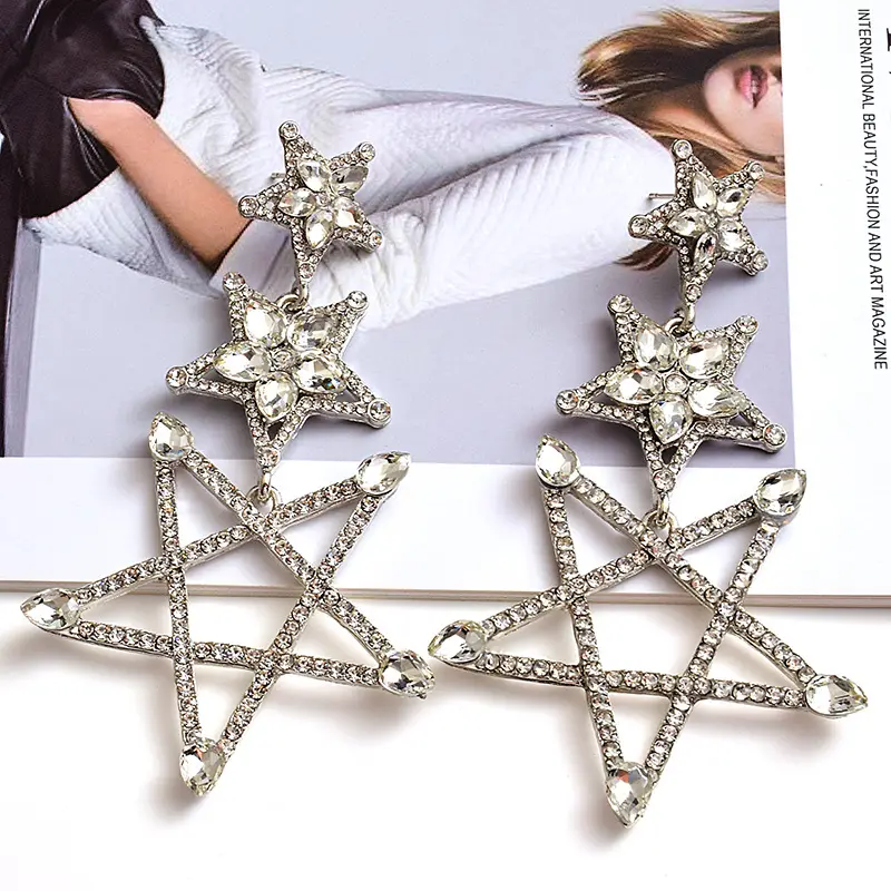 Overdreven Grote Rhinestone Diamond Star Oorbellen Vrouwen Grote Verklaring Kristallen Oorbellen Ster Sieraden