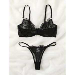 Floral <b>See</b> <b>Through</b> Women Bra Brief Set Underwire Back Closure Sexy Transparent Lingerie Nightwear - Product Image 3