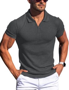 Polo a maniche corte da <span class=keywords><strong>uomo</strong></span> a righe con scollo a V, design sportivo casual, vestibilità <span class=keywords><strong>slim</strong></span>, tinta unita, traspirante e di alta qualità - Product Image 3