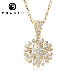 Custom Real 14K Solid Gold Snowflake Pendant Elegant Women's Jewelry Cubic Zircon Wedding Necklace With 925 Silver Chain