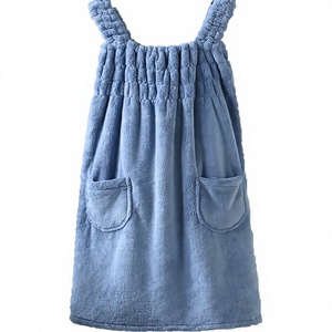 Robe de bain en tissu éponge moelleux hypoallergénique avec poches pour femme, couleur unie bleue, bretelles spaghetti, lavable en machine, pour la maison - Product Image 3